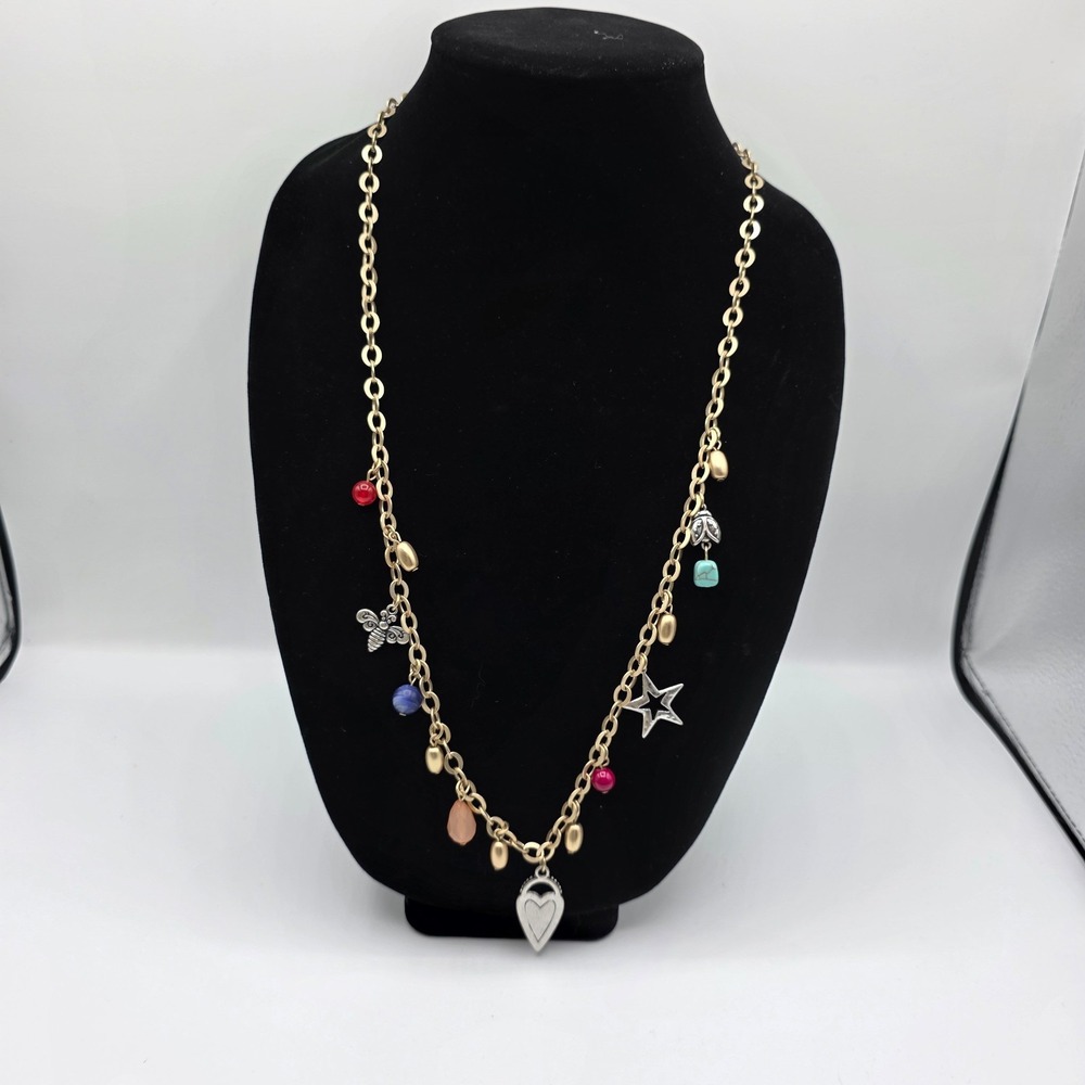 Chicos Womens Gold Tone Oval Link‎ Multicolor Beads Dangle Charms Fashion 41"